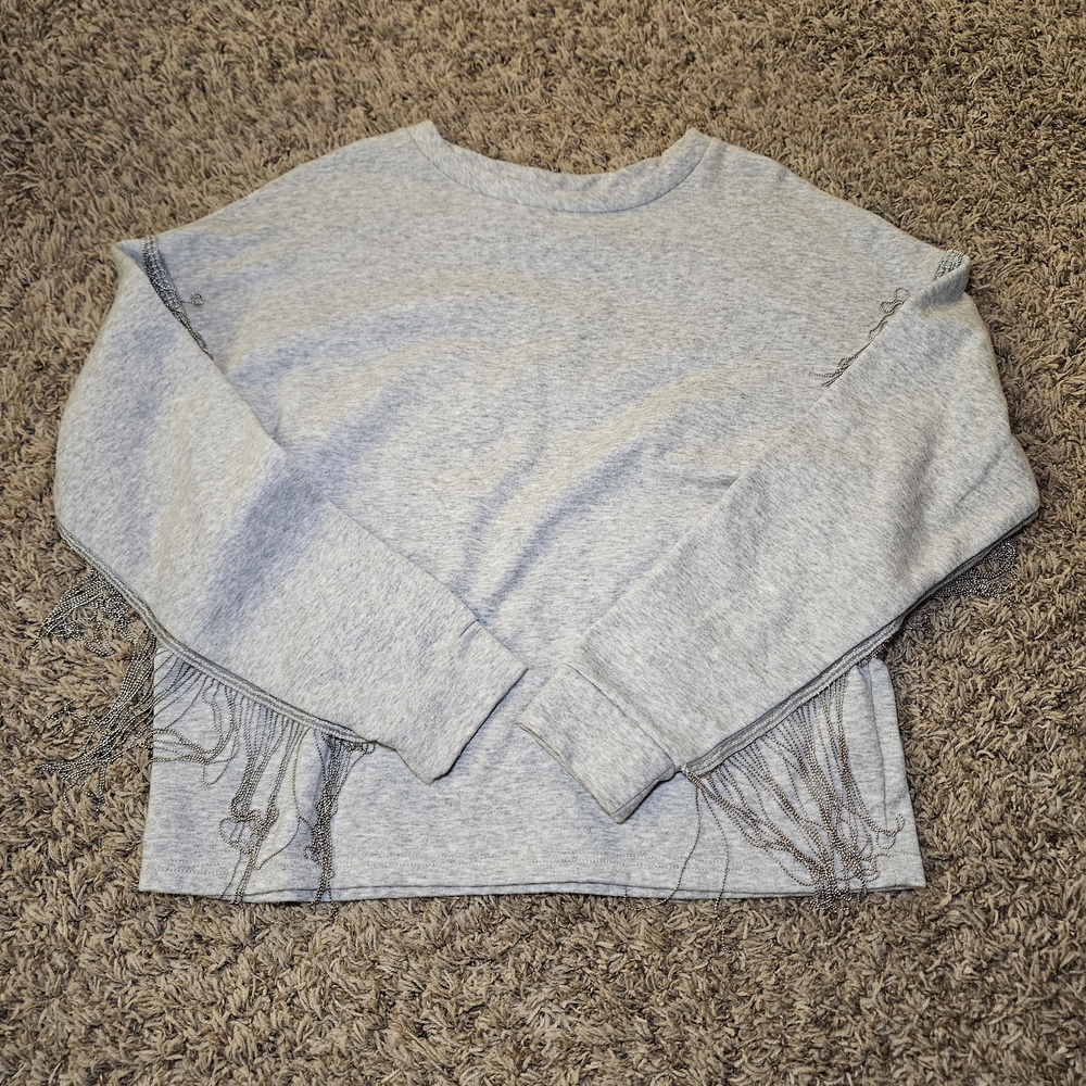 H&M Women's‎ Grey Long Sleeve Crew Neck Sweater Shirt With Metal Fringe Size XS
